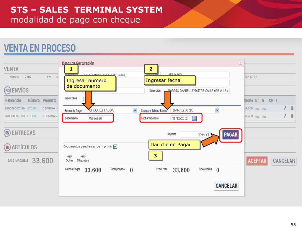 STS – SALES TERMINAL SYSTEM modalidad de pago con cheque
