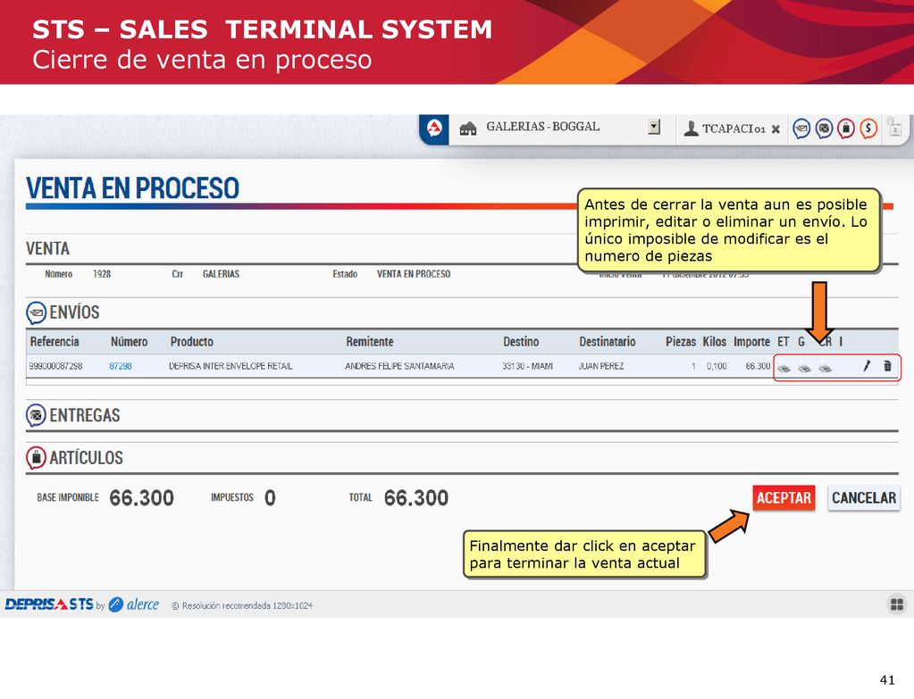 STS – SALES TERMINAL SYSTEM Cierre de venta en proceso