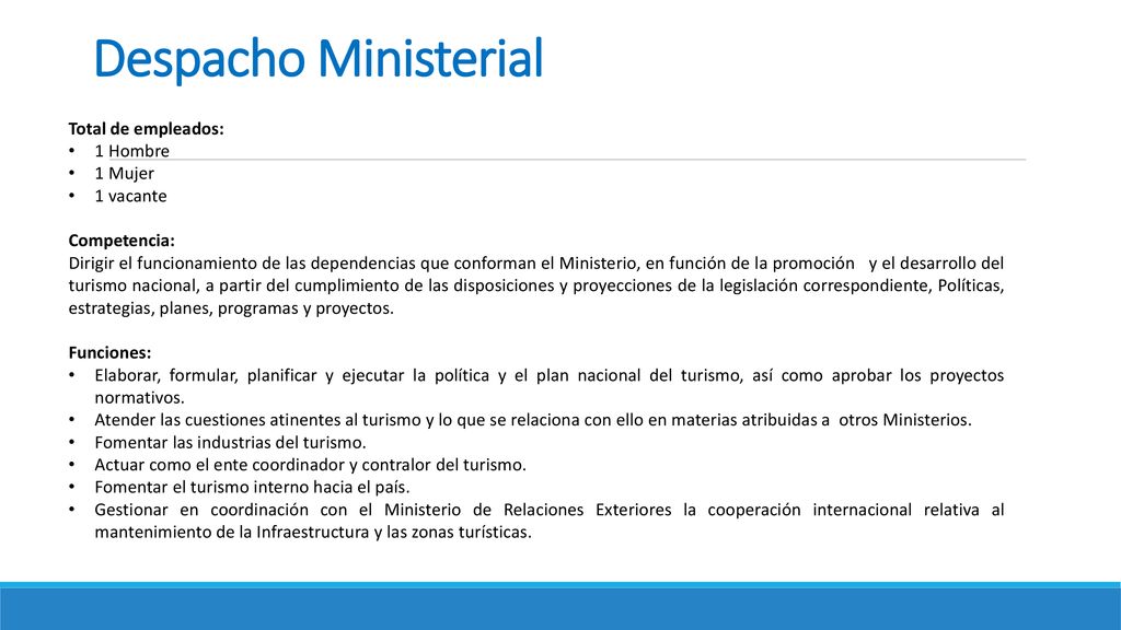 Despacho Ministerial Total de empleados: 1 Hombre 1 Mujer 1 vacante