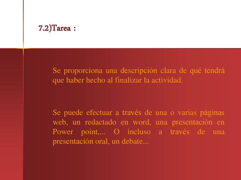 7.2)Tarea : Se proporciona una descripción clara de qué tendrá que haber hecho al finalizar la actividad.
