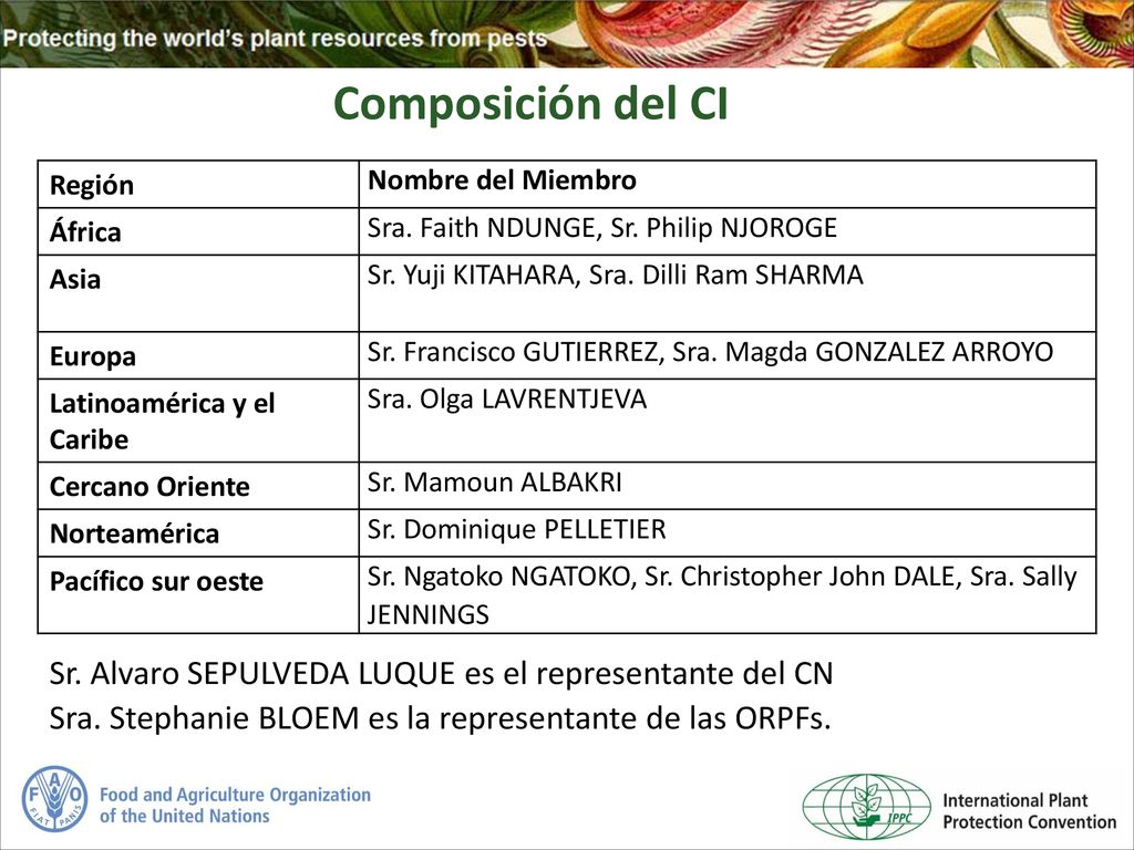 Composición del CI Región. Nombre del Miembro. África. Sra. Faith NDUNGE, Sr. Philip NJOROGE. Asia.