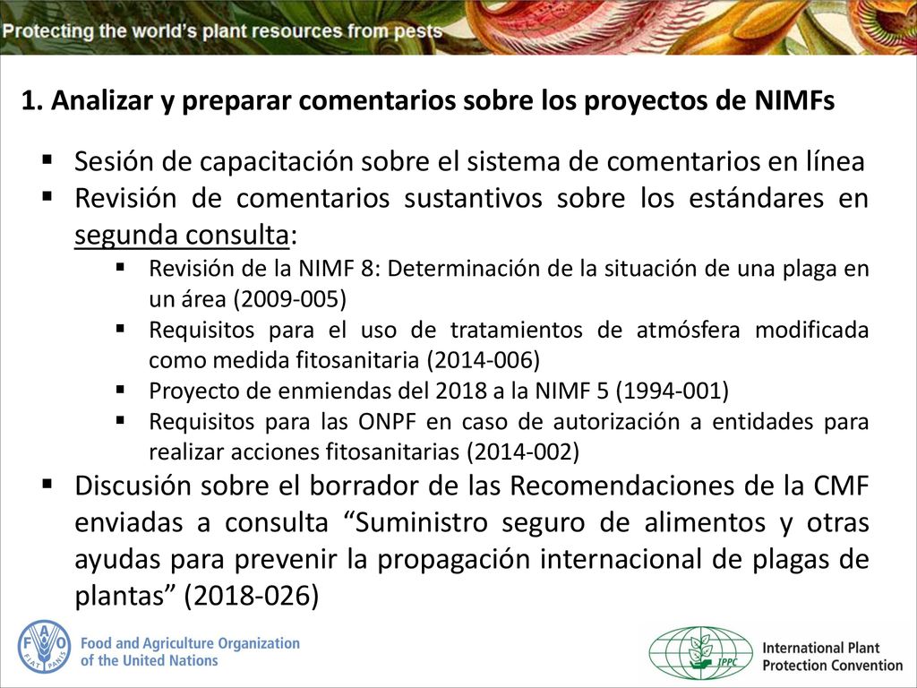 1. Analizar y preparar comentarios sobre los proyectos de NIMFs
