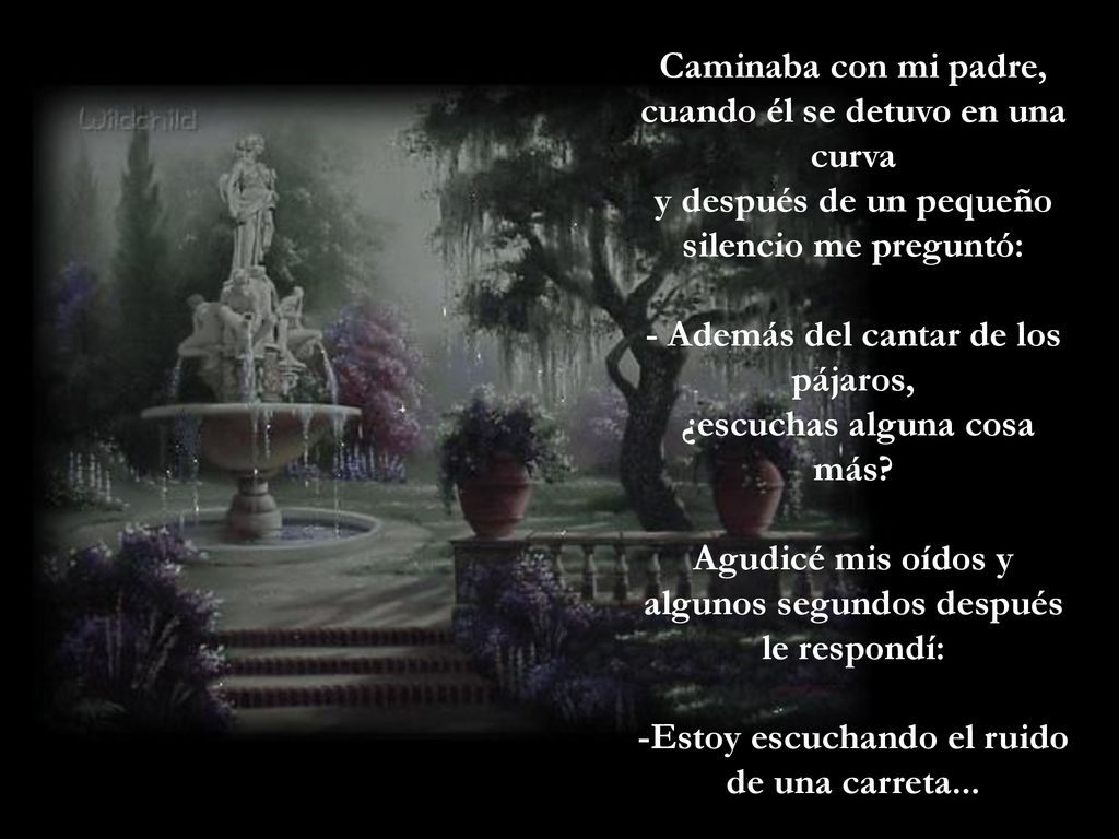 Caminaba con mi padre, cuando él se detuvo en una curva y después de un pequeño silencio me preguntó: - Además del cantar de los pájaros, ¿escuchas alguna cosa más.