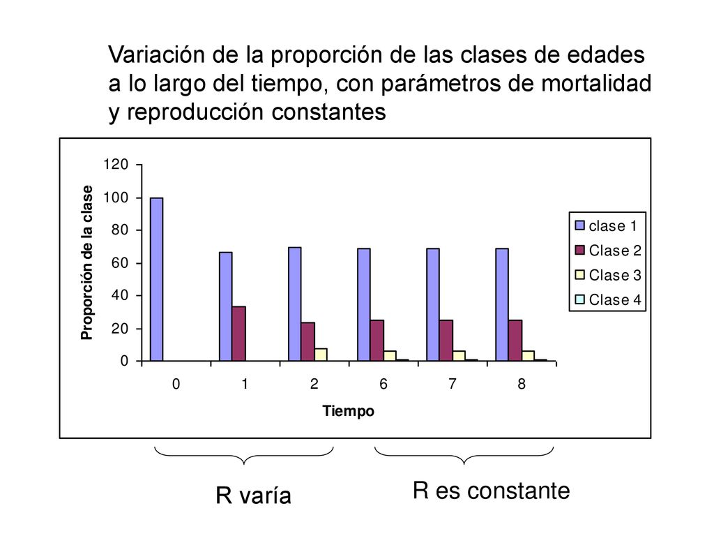 Variación de la proporción de las clases de edades a lo largo del tiempo, con parámetros de mortalidad y reproducción constantes