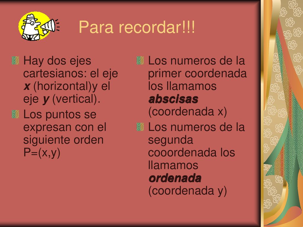 Para recordar!!! Hay dos ejes cartesianos: el eje x (horizontal)y el eje y (vertical). Los puntos se expresan con el siguiente orden P=(x,y)