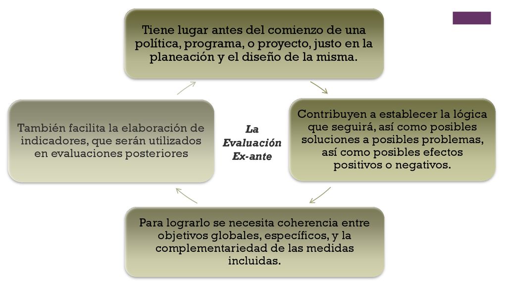 Tiene lugar antes del comienzo de una política, programa, o proyecto, justo en la planeación y el diseño de la misma.