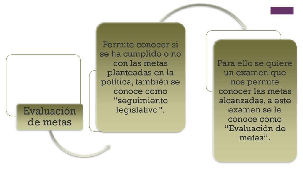 Evaluación de metas Permite conocer si se ha cumplido o no con las metas planteadas en la política, también se conoce como seguimiento legislativo .
