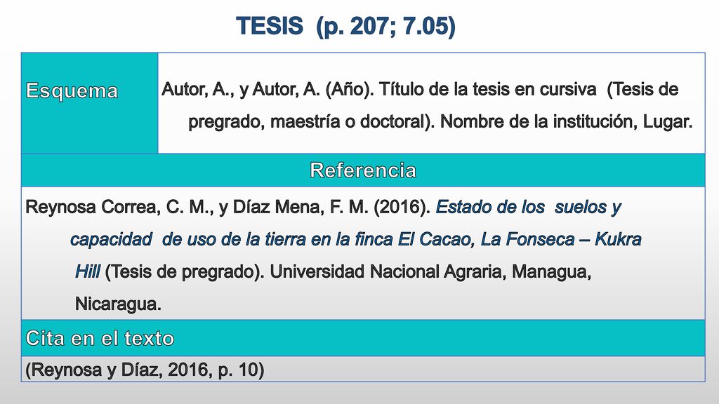 TESIS (p. 207; 7.05) Esquema Referencia Cita en el texto