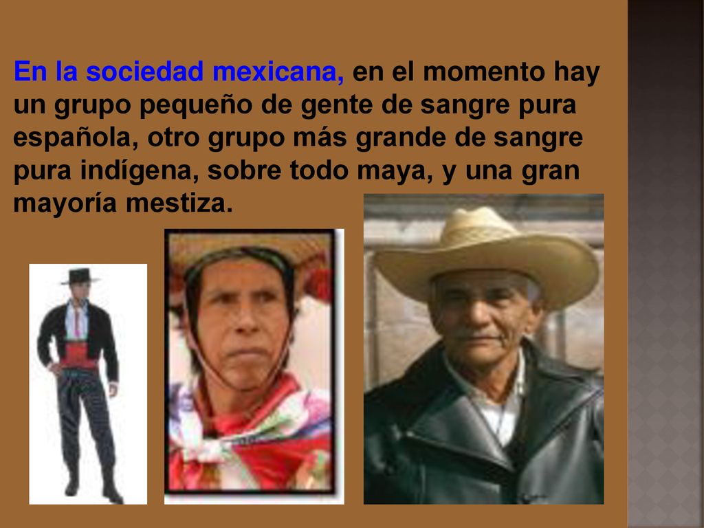 En la sociedad mexicana, en el momento hay un grupo pequeño de gente de sangre pura española, otro grupo más grande de sangre pura indígena, sobre todo maya, y una gran mayoría mestiza.
