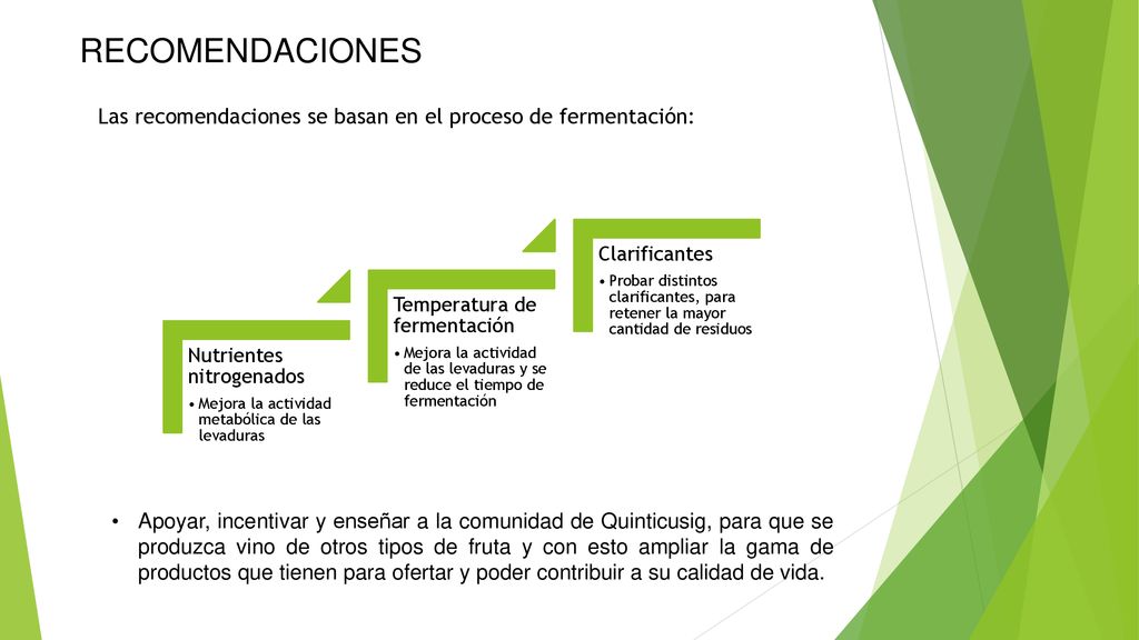 RECOMENDACIONES Las recomendaciones se basan en el proceso de fermentación: Nutrientes nitrogenados.
