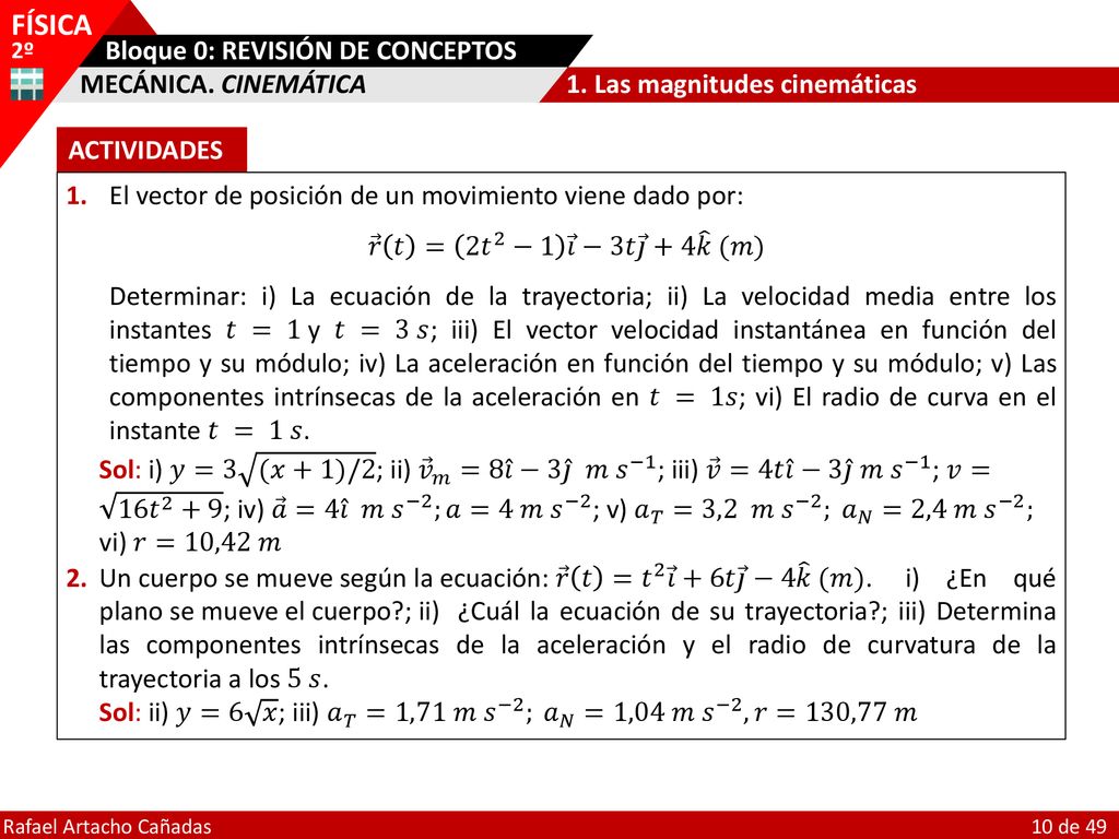 MECÁNICA. CINEMÁTICA 1. Las magnitudes cinemáticas. ACTIVIDADES. 1. El vector de posición de un movimiento viene dado por: