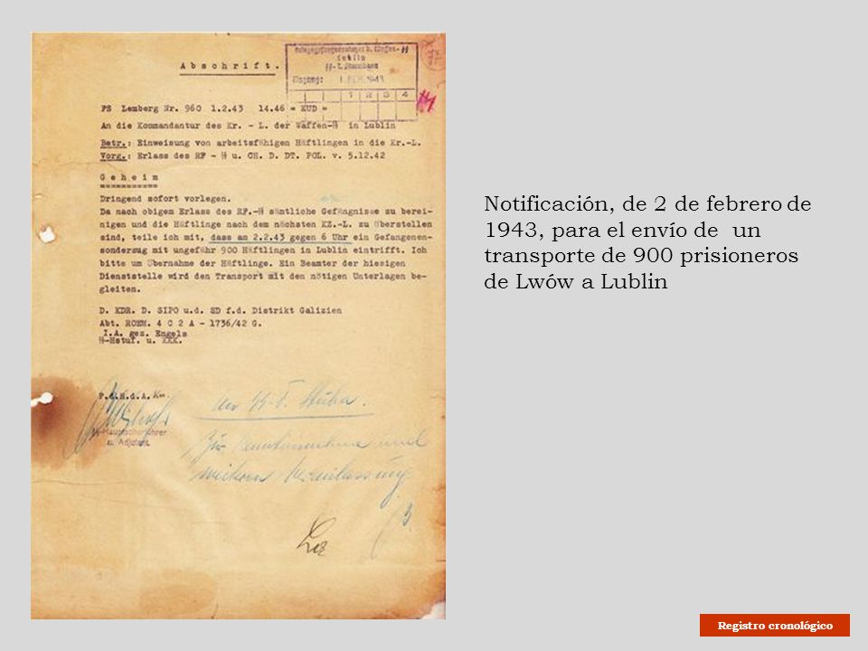 Notificación, de 2 de febrero de 1943, para el envío de un transporte de 900 prisioneros de Lwów a Lublin