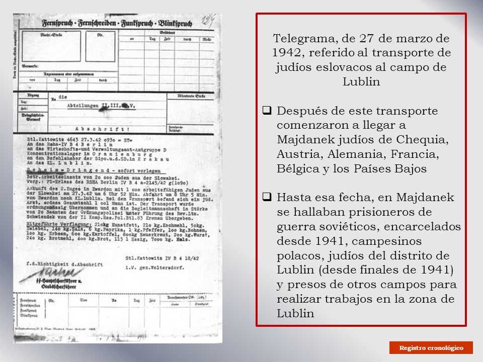 Telegrama, de 27 de marzo de 1942, referido al transporte de judíos eslovacos al campo de Lublin