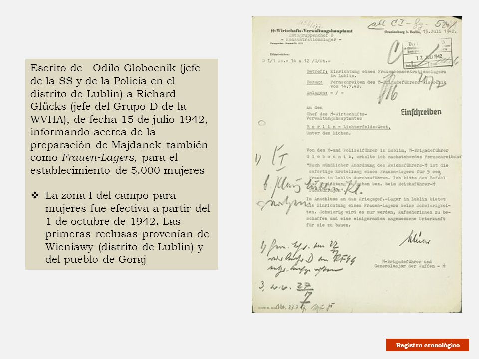Escrito de Odilo Globocnik (jefe de la SS y de la Policía en el distrito de Lublin) a Richard Glücks (jefe del Grupo D de la WVHA), de fecha 15 de julio 1942, informando acerca de la preparación de Majdanek también como Frauen-Lagers, para el establecimiento de mujeres