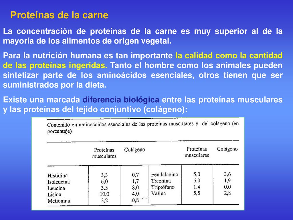 Proteínas de la carne La concentración de proteínas de la carne es muy superior al de la mayoría de los alimentos de origen vegetal.