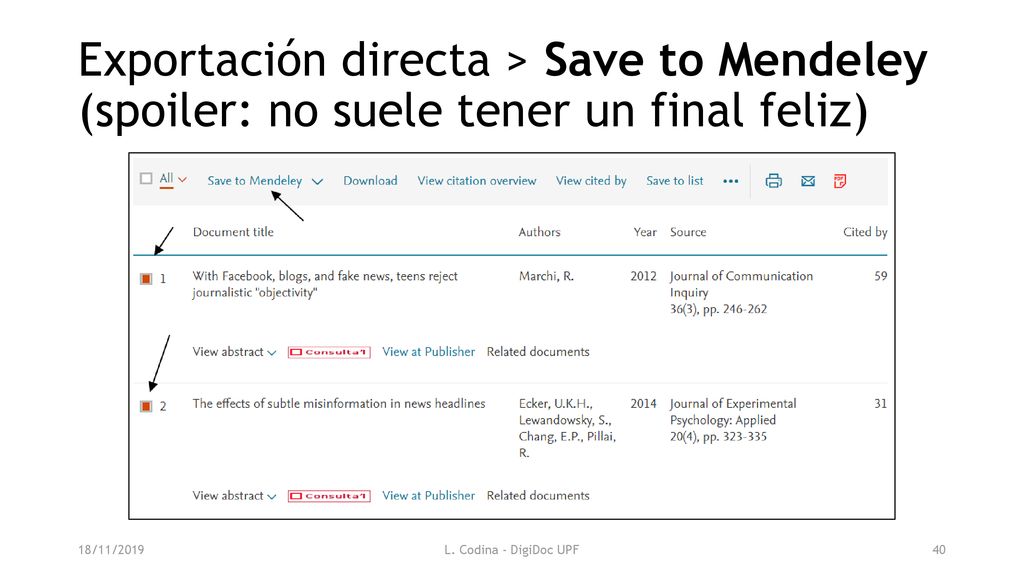 Exportación directa > Save to Mendeley (spoiler: no suele tener un final feliz)