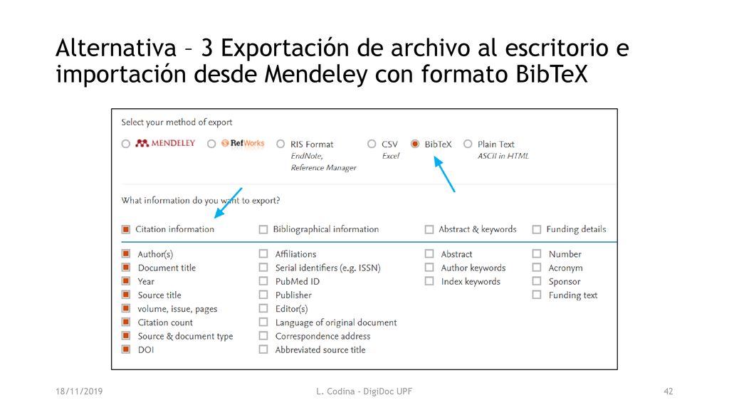 Alternativa – 3 Exportación de archivo al escritorio e importación desde Mendeley con formato BibTeX
