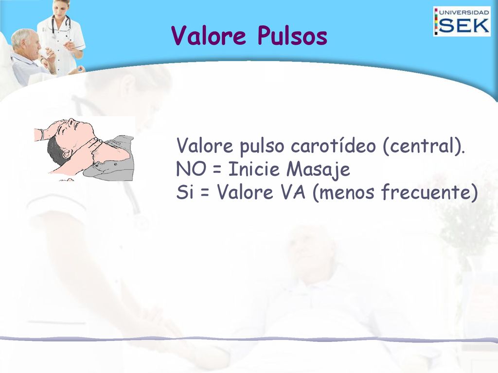 Valore Pulsos Valore pulso carotídeo (central). NO = Inicie Masaje