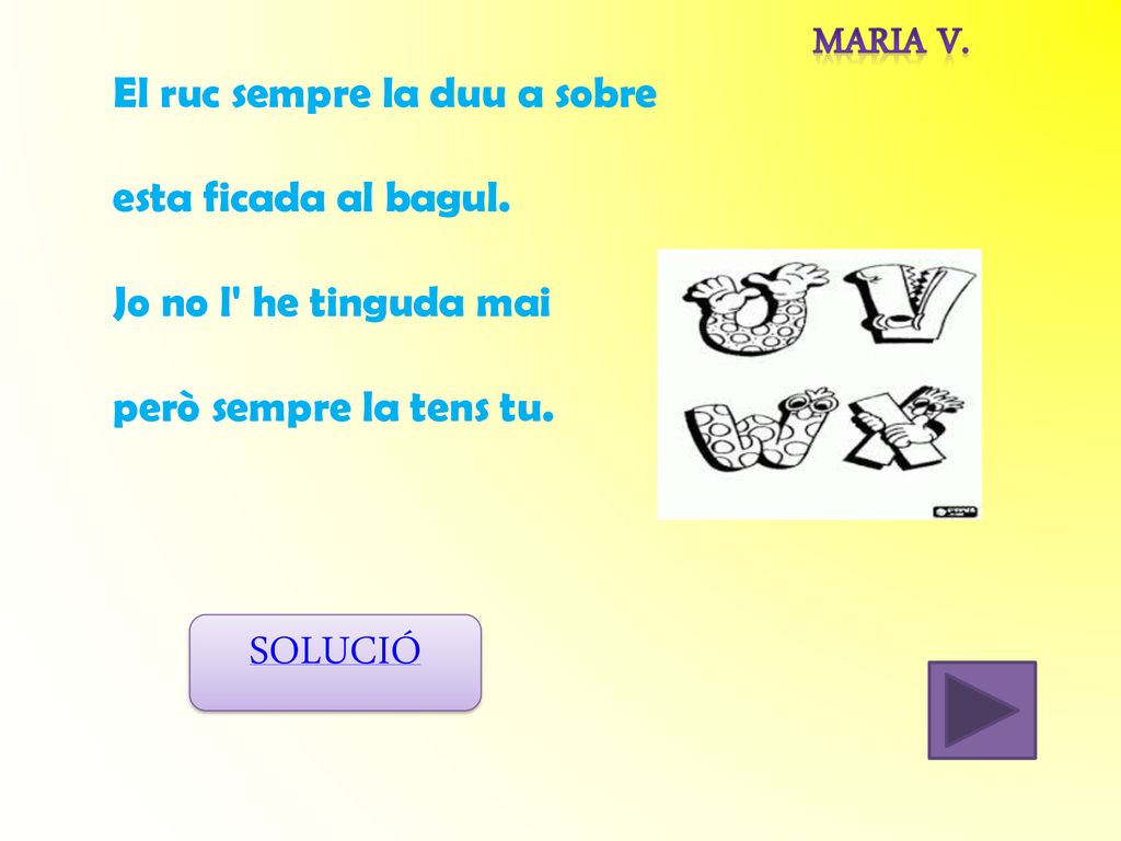 SOLUCIÓ Maria V. El ruc sempre la duu a sobre esta ficada al bagul.