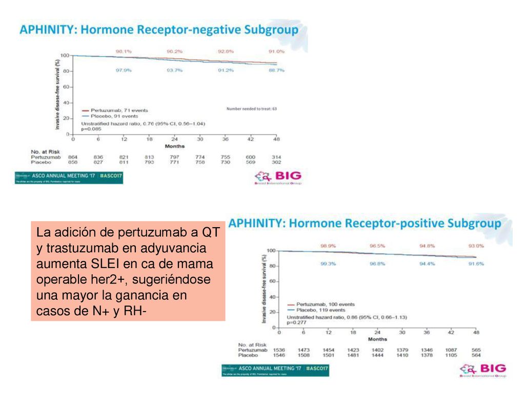 La adición de pertuzumab a QT y trastuzumab en adyuvancia aumenta SLEI en ca de mama operable her2+, sugeriéndose una mayor la ganancia en casos de N+ y RH-