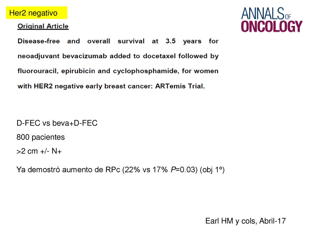 Her2 negativo D-FEC vs beva+D-FEC. 800 pacientes. >2 cm +/- N+ Ya demostró aumento de RPc (22% vs 17% P=0.03) (obj 1º)