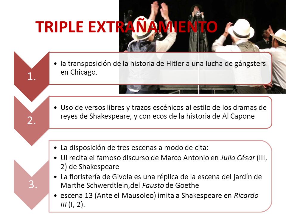 TRIPLE EXTRAÑAMIENTO 1. la transposición de la historia de Hitler a una lucha de gángsters en Chicago.