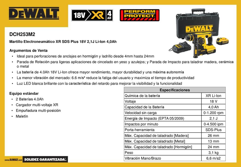 DCH253M2 Martillo Electroneumático XR SDS Plus 18V 2,1J Li-Ion 4,0Ah