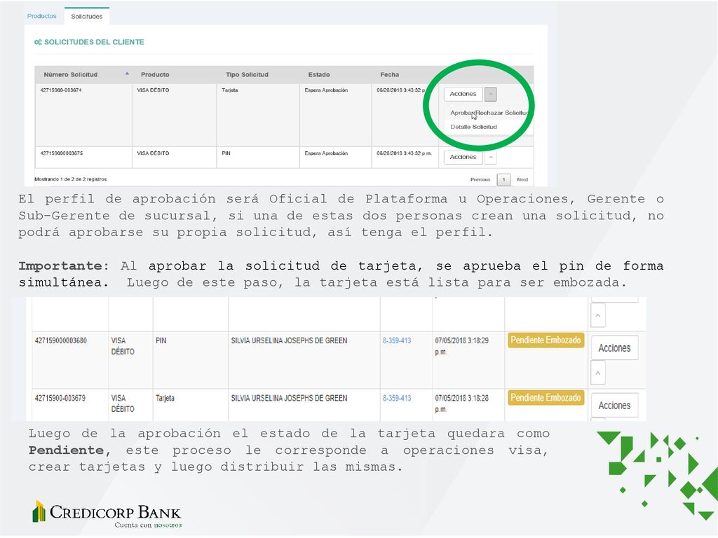 El perfil de aprobación será Oficial de Plataforma u Operaciones, Gerente o Sub-Gerente de sucursal, si una de estas dos personas crean una solicitud, no podrá aprobarse su propia solicitud, así tenga el perfil.