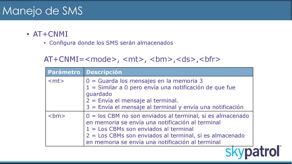 Manejo de SMS AT+CNMI Configura donde los SMS serán almacenados
