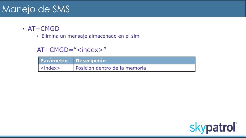 Manejo de SMS AT+CMGD Elimina un mensaje almacenado en el sim