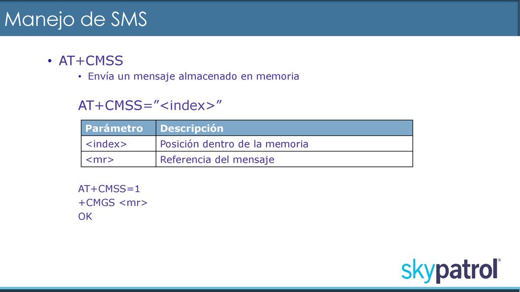 Manejo de SMS AT+CMSS Envía un mensaje almacenado en memoria