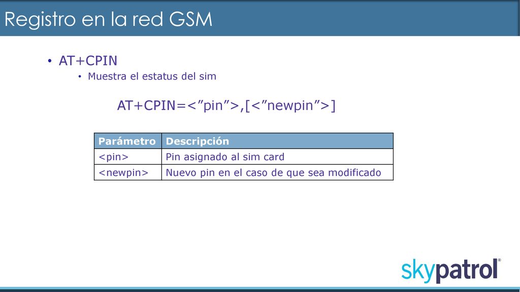 Registro en la red GSM AT+CPIN Muestra el estatus del sim