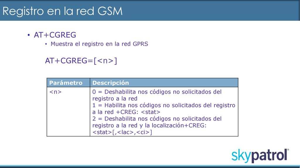 Registro en la red GSM AT+CGREG Muestra el registro en la red GPRS