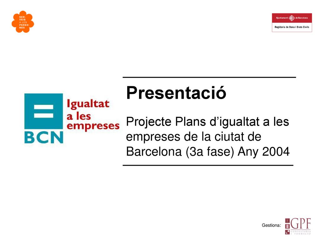 Presentació Projecte Plans d’igualtat a les empreses de la ciutat de Barcelona (3a fase) Any 2004.