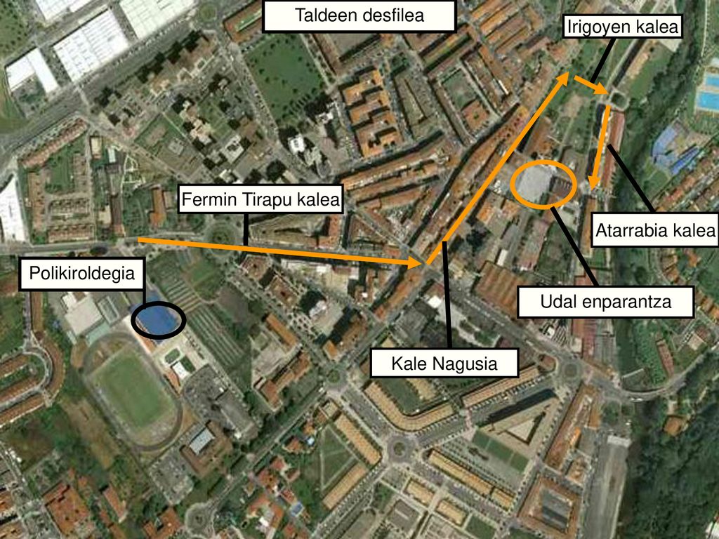 Taldeen desfilea Irigoyen kalea. Fermin Tirapu kalea. Atarrabia kalea. Polikiroldegia. Udal enparantza.