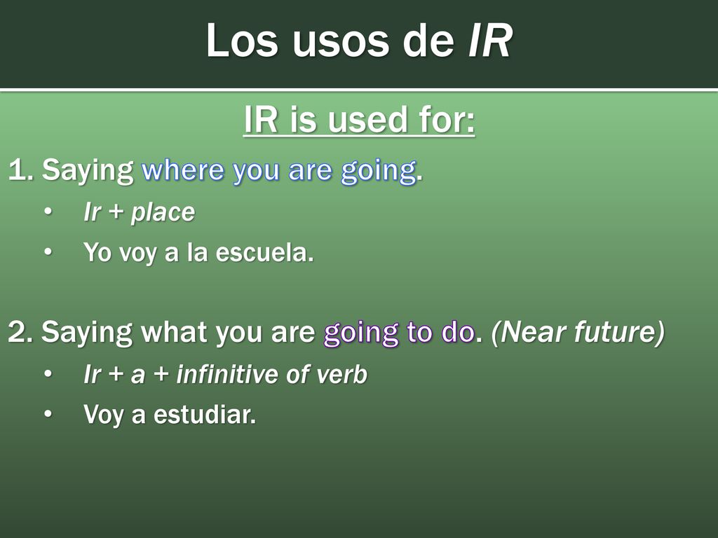 Los usos de IR IR is used for: 1. Saying where you are going.