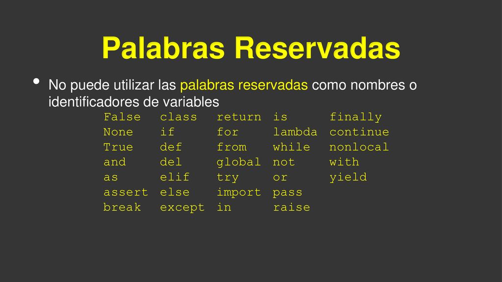 Palabras Reservadas No puede utilizar las palabras reservadas como nombres o identificadores de variables.