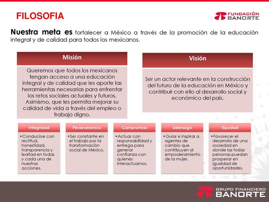 FILOSOFIA Nuestra meta es fortalecer a México a través de la promoción de la educación integral y de calidad para todos los mexicanos.