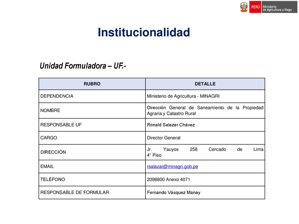 Institucionalidad Unidad Formuladora – UF.- RUBRO DETALLE DEPENDENCIA
