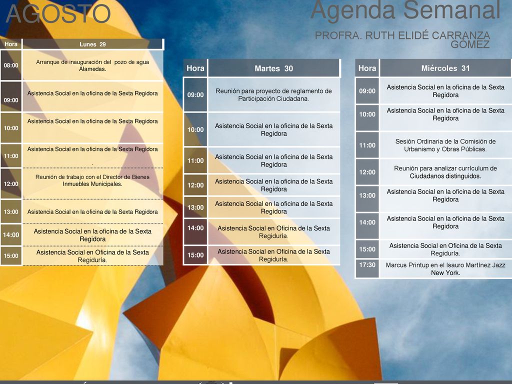 Agenda Semanal AGOSTO Cabildo Torreón PROFRA. RUTH ELIDÉ CARRANZA