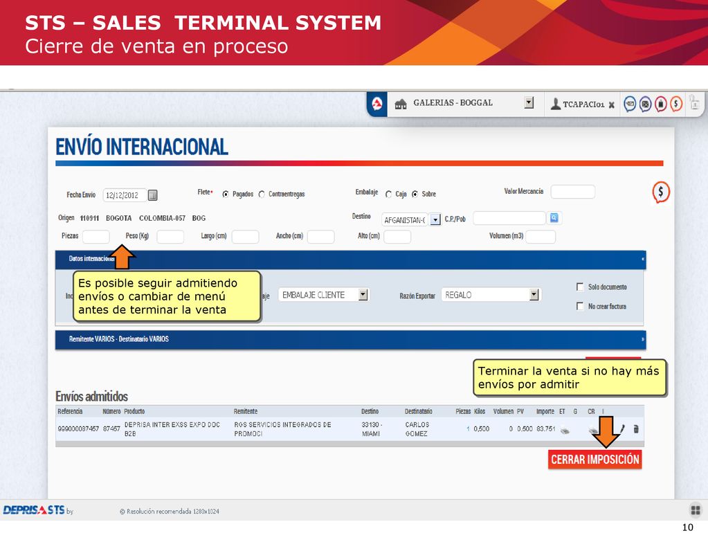STS – SALES TERMINAL SYSTEM Cierre de venta en proceso