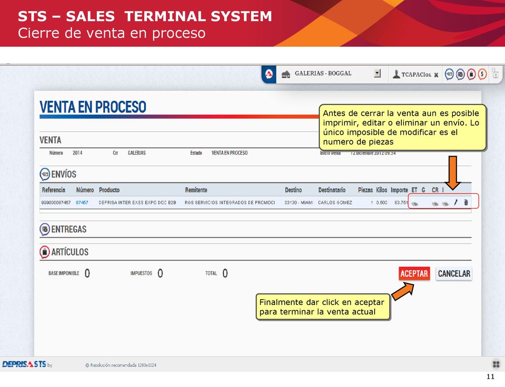 STS – SALES TERMINAL SYSTEM Cierre de venta en proceso