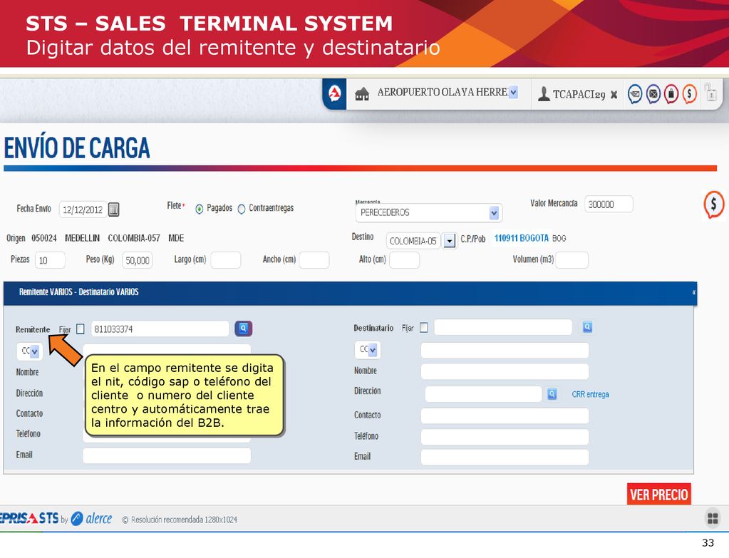 STS – SALES TERMINAL SYSTEM Digitar datos del remitente y destinatario