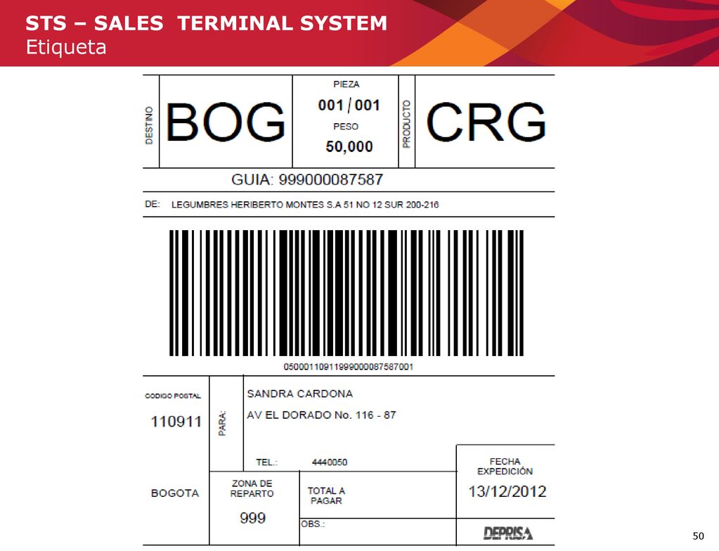 STS – SALES TERMINAL SYSTEM Etiqueta