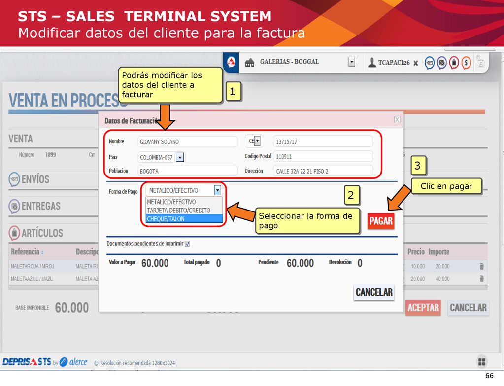 STS – SALES TERMINAL SYSTEM Modificar datos del cliente para la factura
