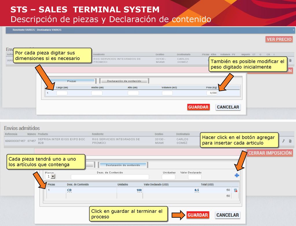 STS – SALES TERMINAL SYSTEM Descripción de piezas y Declaración de contenido