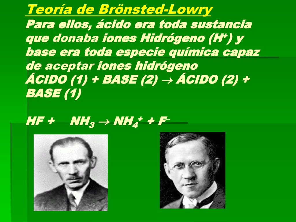 Teoría de Brönsted-Lowry Para ellos, ácido era toda sustancia que donaba iones Hidrógeno (H+) y base era toda especie química capaz de aceptar iones hidrógeno ÁCIDO (1) + BASE (2)  ÁCIDO (2) + BASE (1) HF + NH3  NH4+ + F