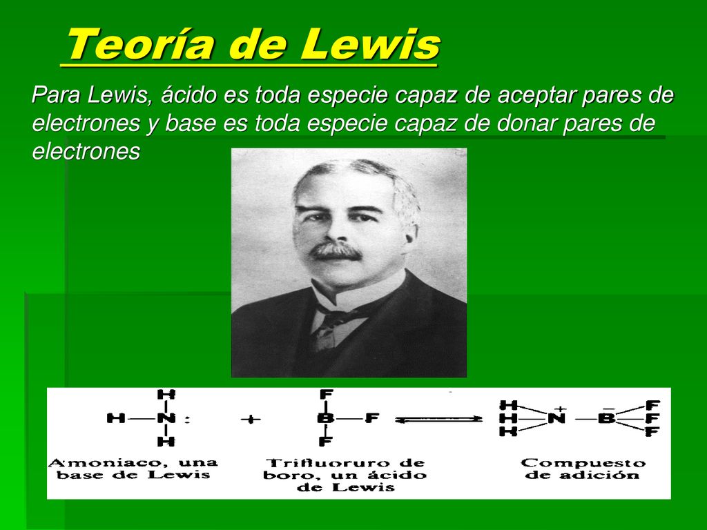 Teoría de Lewis Para Lewis, ácido es toda especie capaz de aceptar pares de electrones y base es toda especie capaz de donar pares de electrones.