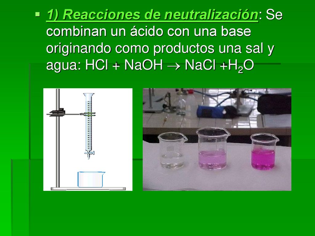 1) Reacciones de neutralización: Se combinan un ácido con una base originando como productos una sal y agua: HCl + NaOH  NaCl +H2O