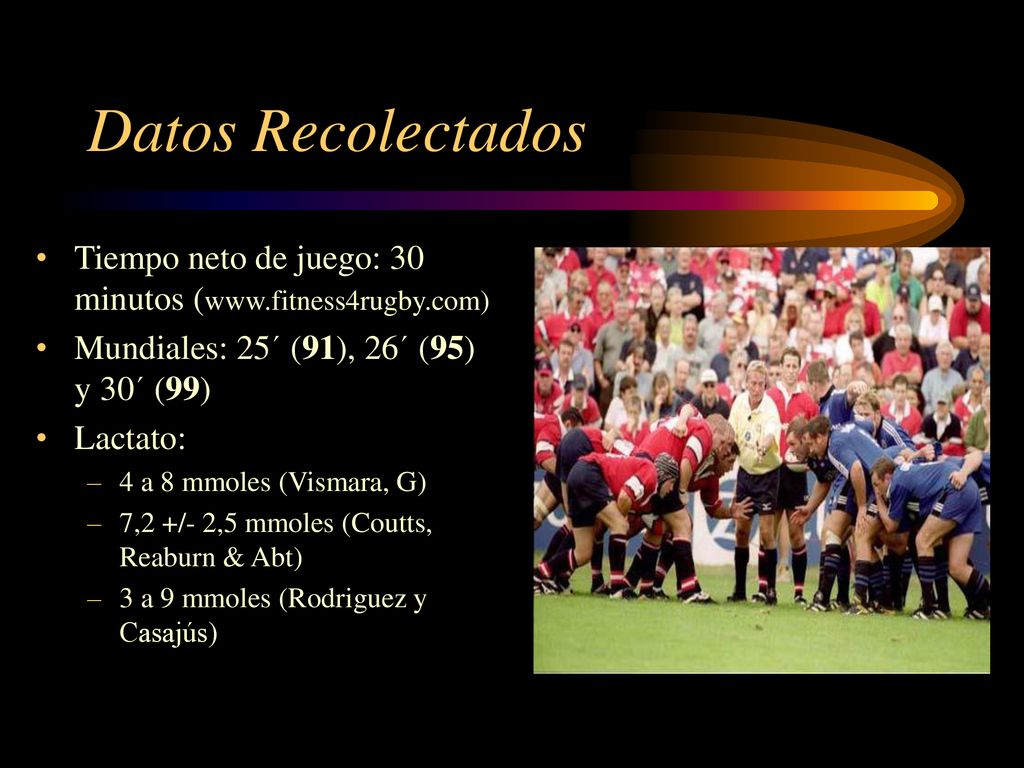 Datos Recolectados Tiempo neto de juego: 30 minutos (  Mundiales: 25´ (91), 26´ (95) y 30´ (99)